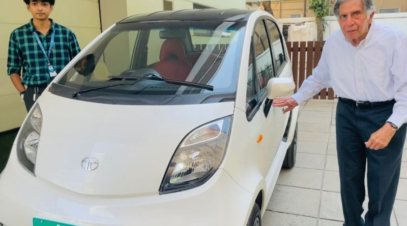 Ratan Tata with custom Tata nano EV